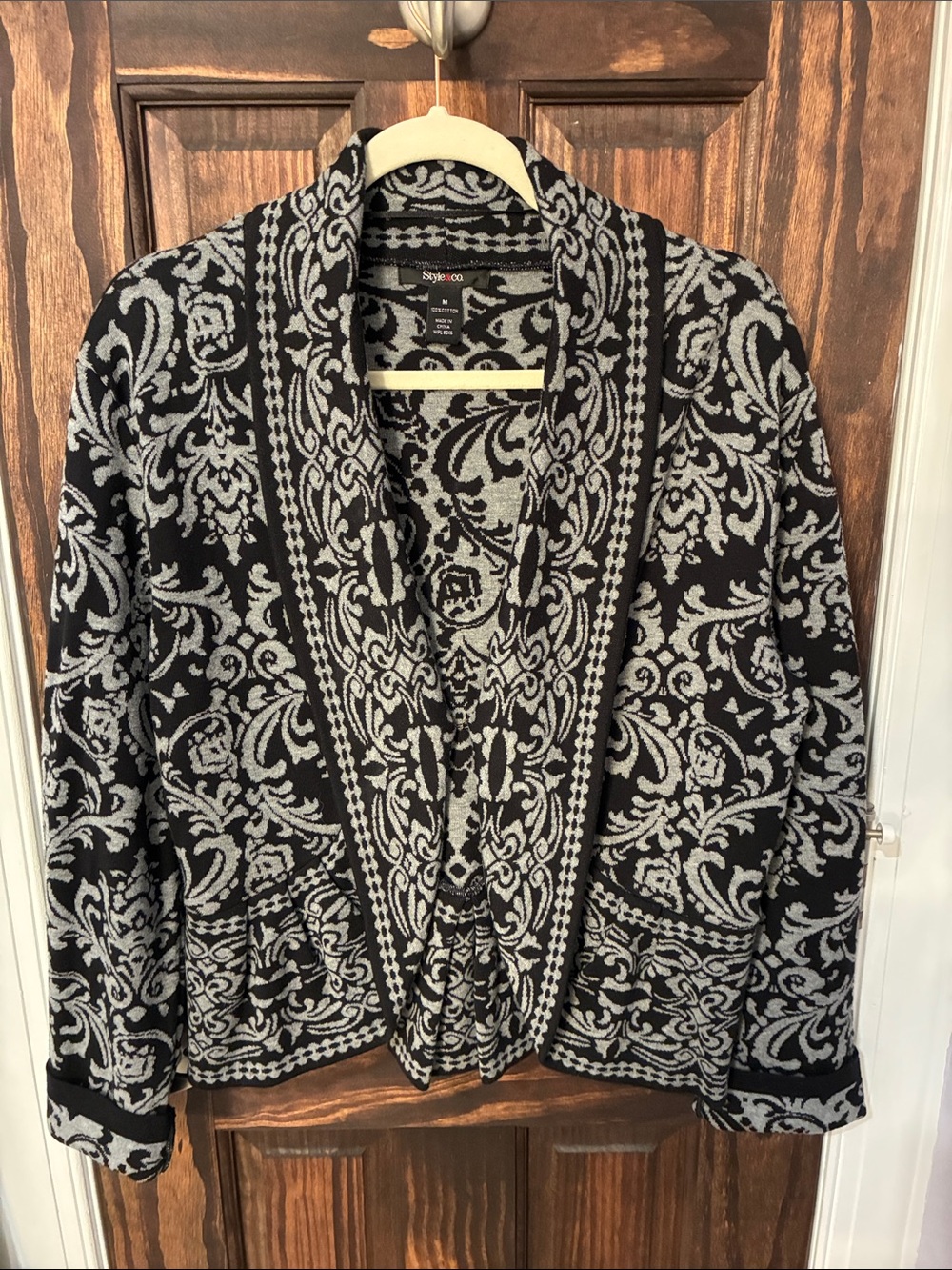 Style & Co. Black and Gray Scroll Jacquard Open Front Cardigan